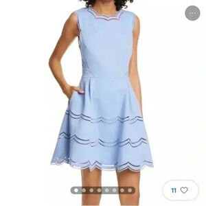 TED BAKER London Blue Cammey Scalloped  Trim, Fit & Flare, Knit Dress Size 4